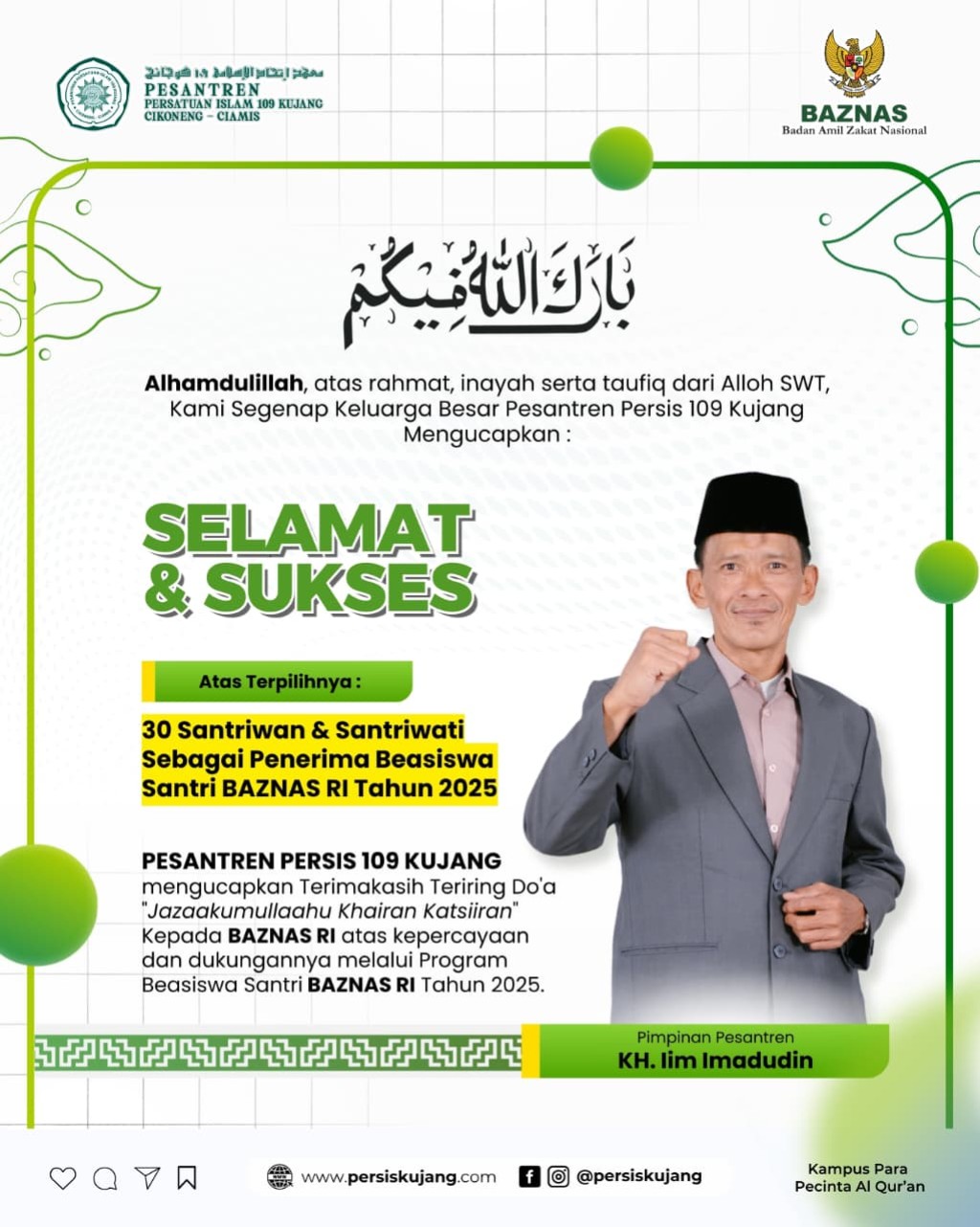 Selamat! 30 Santriwan dan Santriwati Pesantren Persis 109 Kujang Raih Beasiswa BAZNAS RI 2025